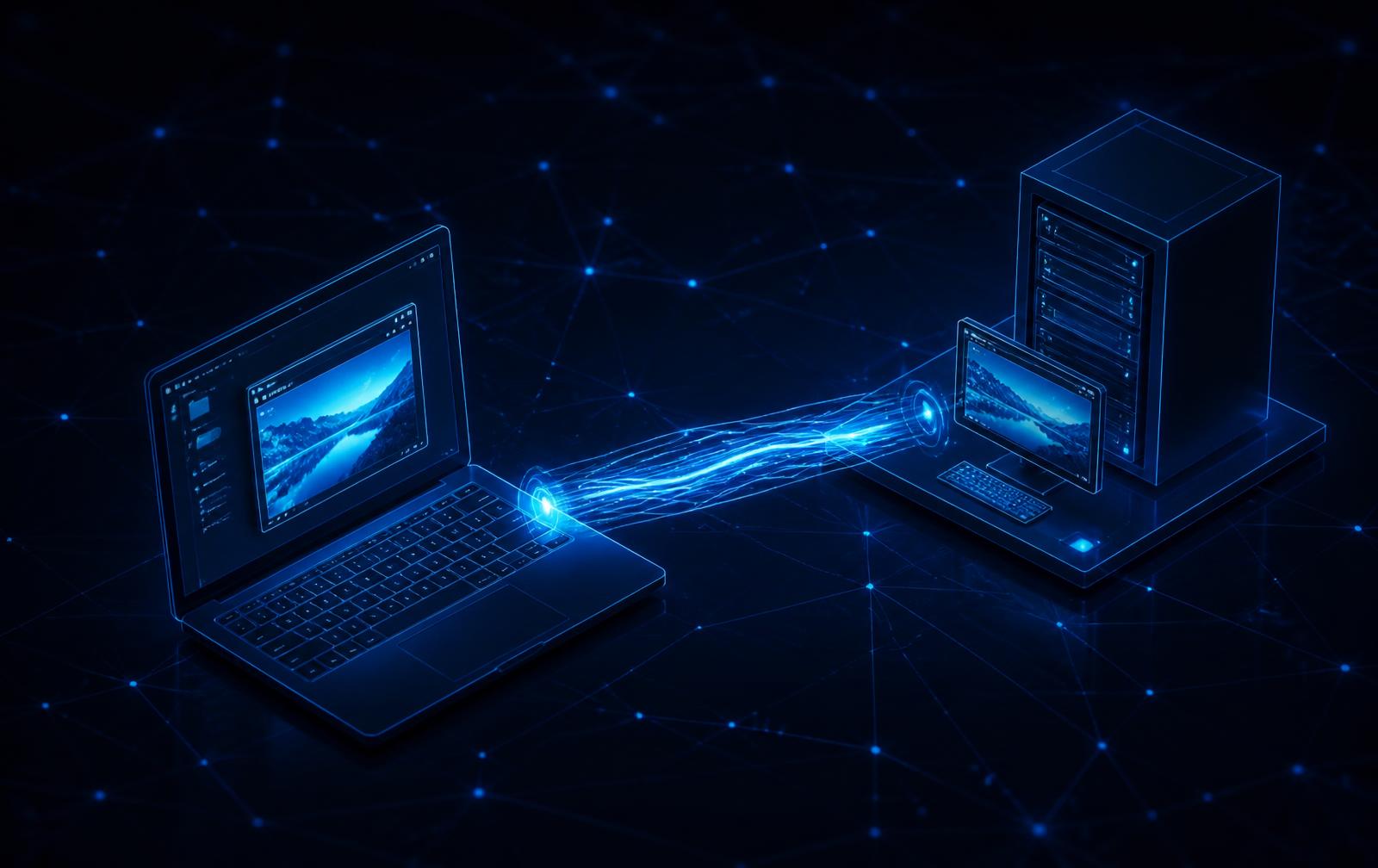 Laptop connecting to a remote server through a glowing encrypted data link