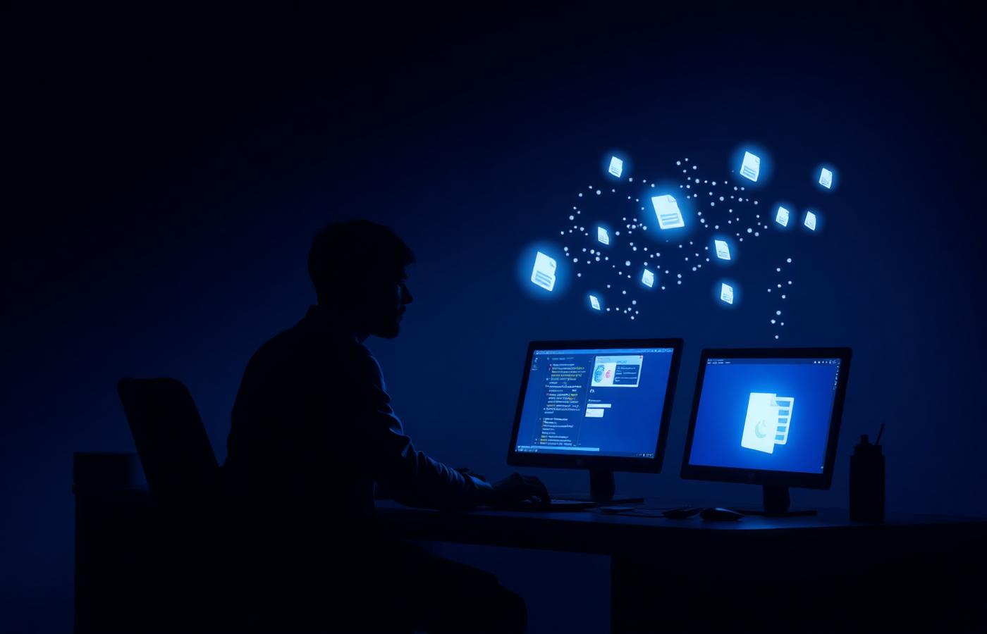 IT technician silhouetted at a dual-monitor desk with files flowing between screens as blue light